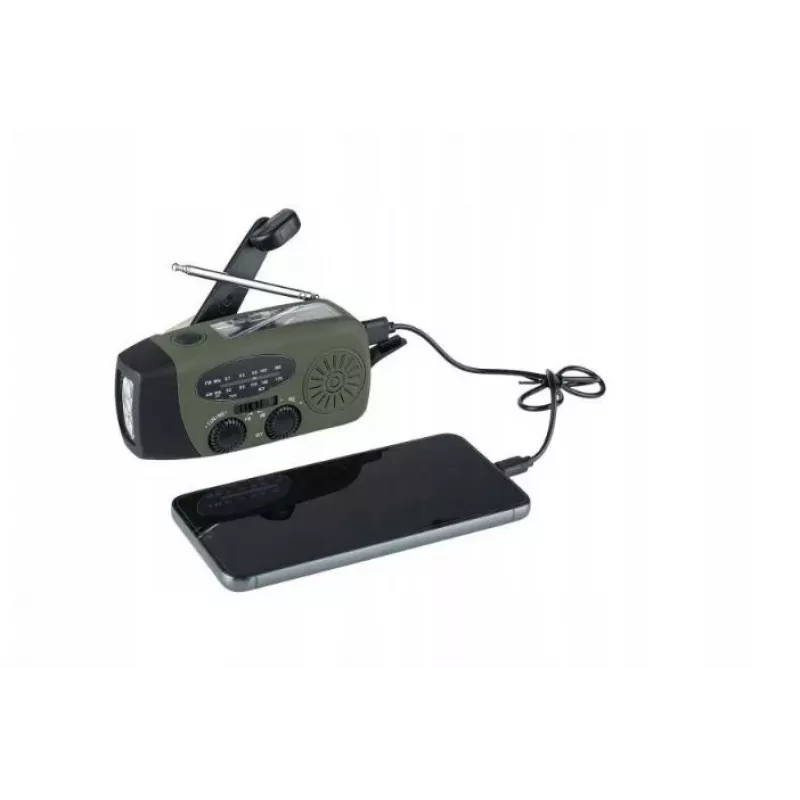 Emergency radio FOSCO 464600 with LED torch, power bank, FM, IPX3, solar/manual/USB-C — green/black