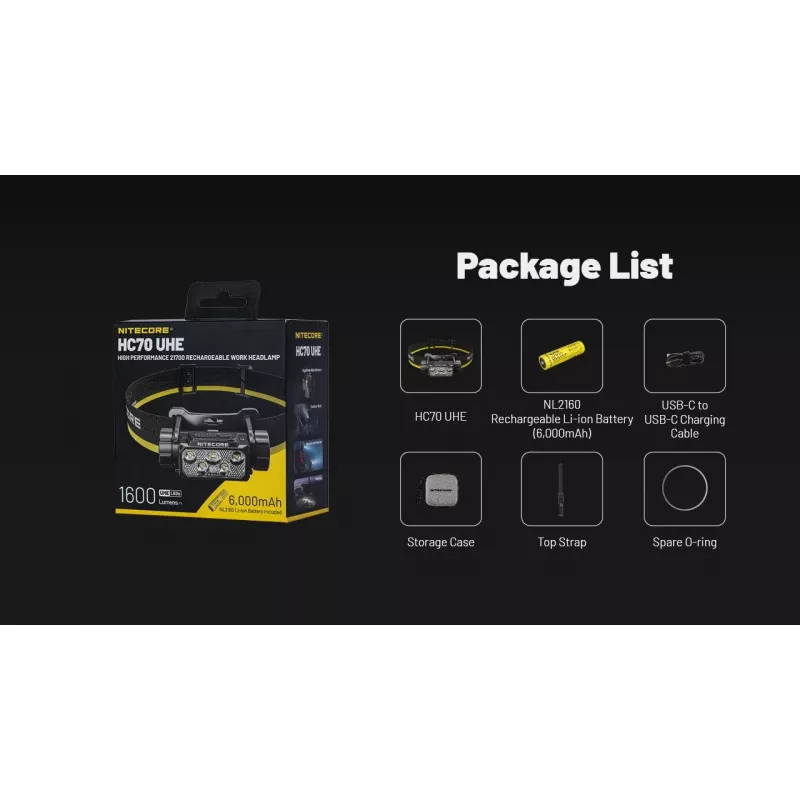 Headlamp Nitecore HC70 UHE — headband flashlight, 1600 lumens, shockproof, waterproof, 0.172 kg, black