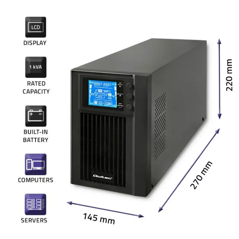 Qoltec 53042 uninterruptible power supply (UPS) Double-conversion (Online) 1 kVA 800 W 2 AC outlet(s)