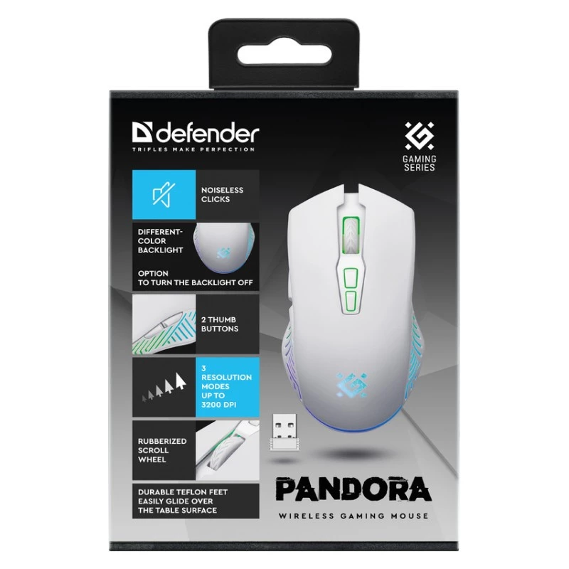 Wireless gaming mouse DEFENDER Pandora White — ambidextrous, 3200 DPI, 6 buttons, programmable, optical, USB