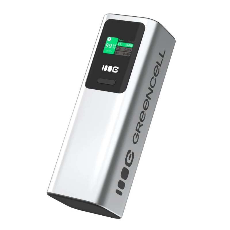 Portable battery Green Cell PBGC25UD, 25200 mAh, Li‑Ion, 140 W total, 2× USB‑C + 1× USB‑A, OLED display, aluminium housing