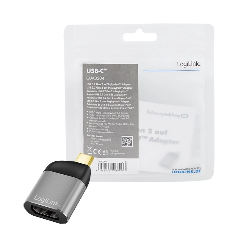 LogiLink CUA0204 USB-C to DisplayPort Cable Gender Changer Black Grey