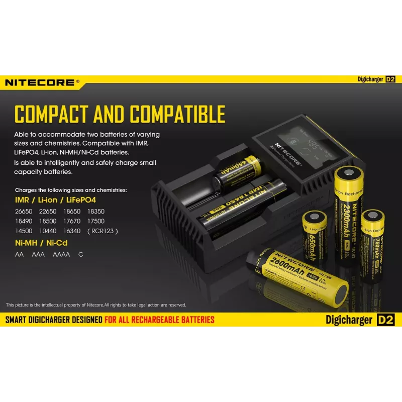 Battery charger Nitecore D2 — 2‑slot charger for AA/AAA/AAAA/C batteries, 100–240V input, 4.2V output, black