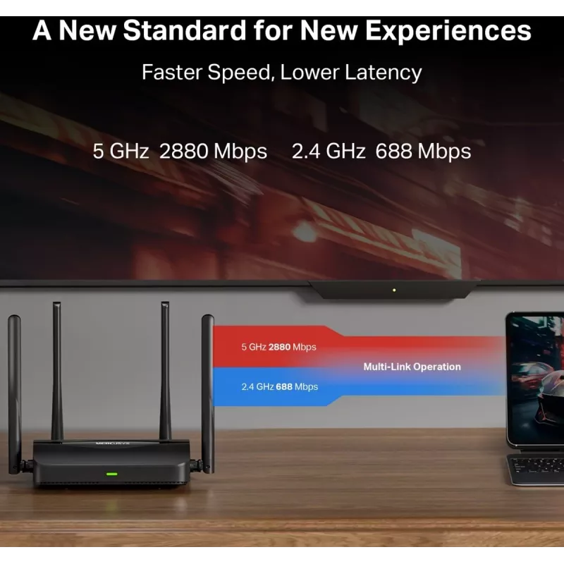 Tabletop router MERCUSYS MR25BE EasyMesh Wi‑Fi 7 dual‑band 2.4/5 GHz, 3600 Mbps, 3× Gigabit LAN, 4 external antennas