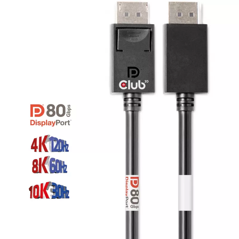 CLUB3D DisplayPort 2.1 Bi-Directional VESA DP80 Certified Cable 4K240Hz, 8K60Hz or 10K30Hz M/M 1.2m/3.94ft