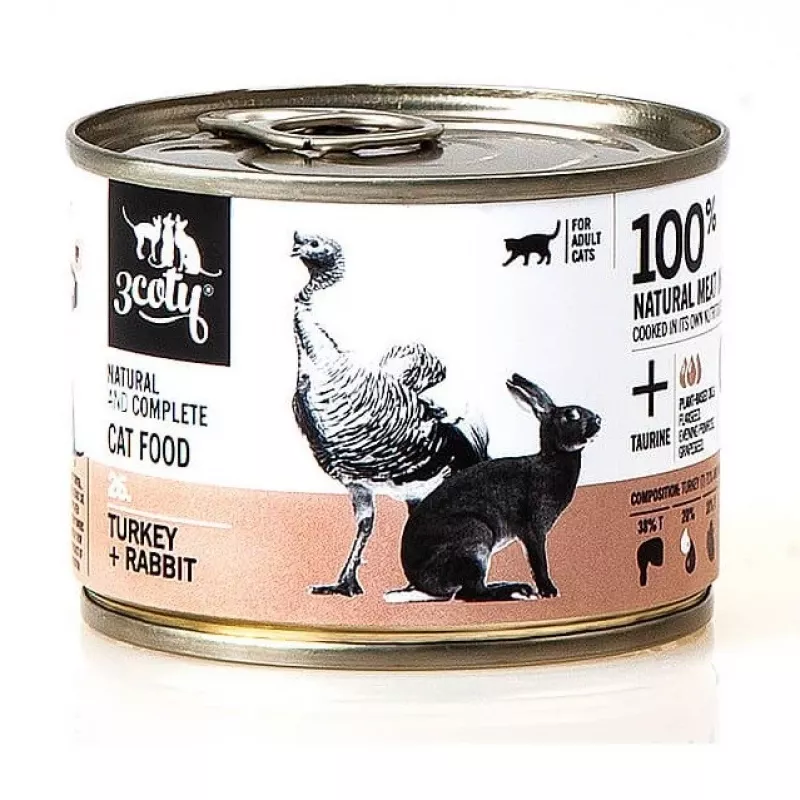 Wet cat food 3coty 26 Turkey and rabbit — 180 g can, adult, grain-free, gluten-free, for allergic cats