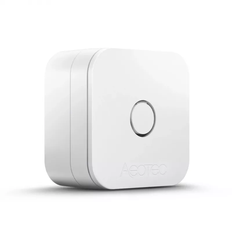Indoor temperature and humidity sensor AEOTEC AEOEZWA039 — freestanding, battery-powered, 34×34×17 mm