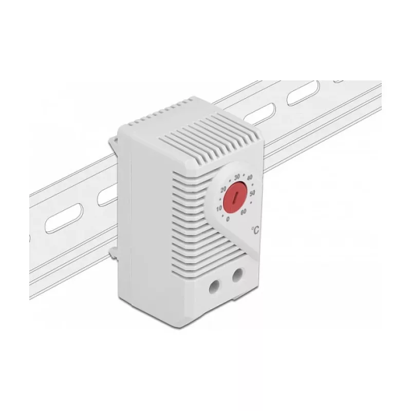 Thermostat DELOCK 66824, plastic housing, IP20, 30 W, 250 V, 10 A, 43×60×33 mm, grey/red