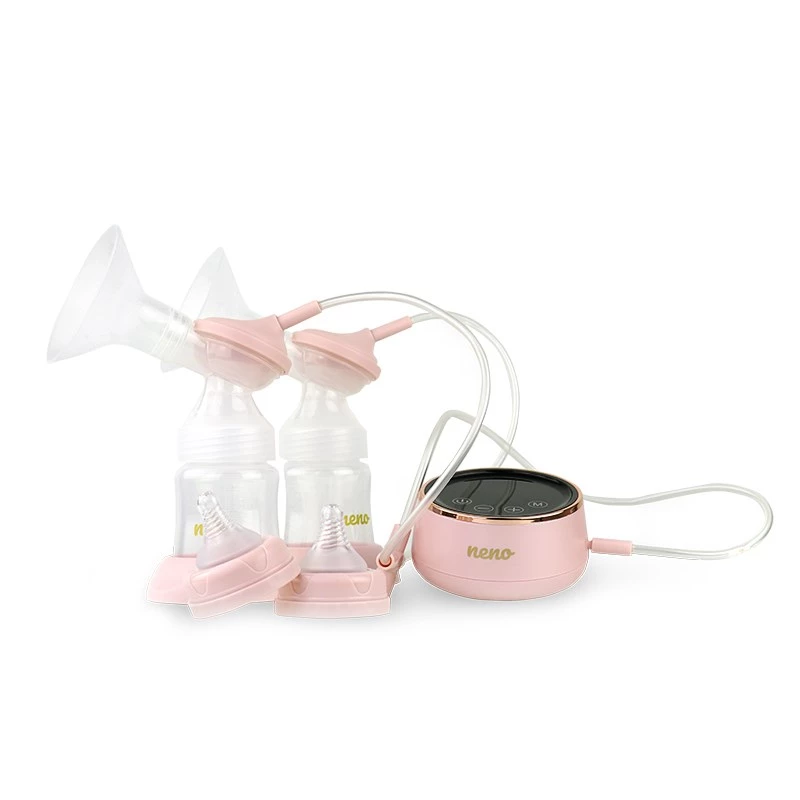 Electric breast pump neno Bella Twin — electronic, 150 ml bottles, 6 stimulation / 9 suction levels, USB Li‑Ion battery, pink/transparent