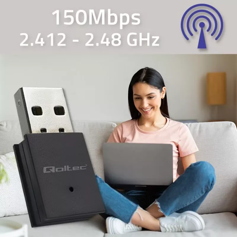 Wireless Mini USB Wi‑Fi Adapter QOLTEC 57007 — Single‑band 2.4 GHz, up to 150 Mbps, internal antenna