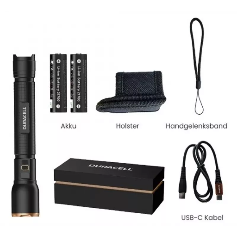 Flashlight Duracell DF6000R Gift Box — handheld rechargeable torch, black