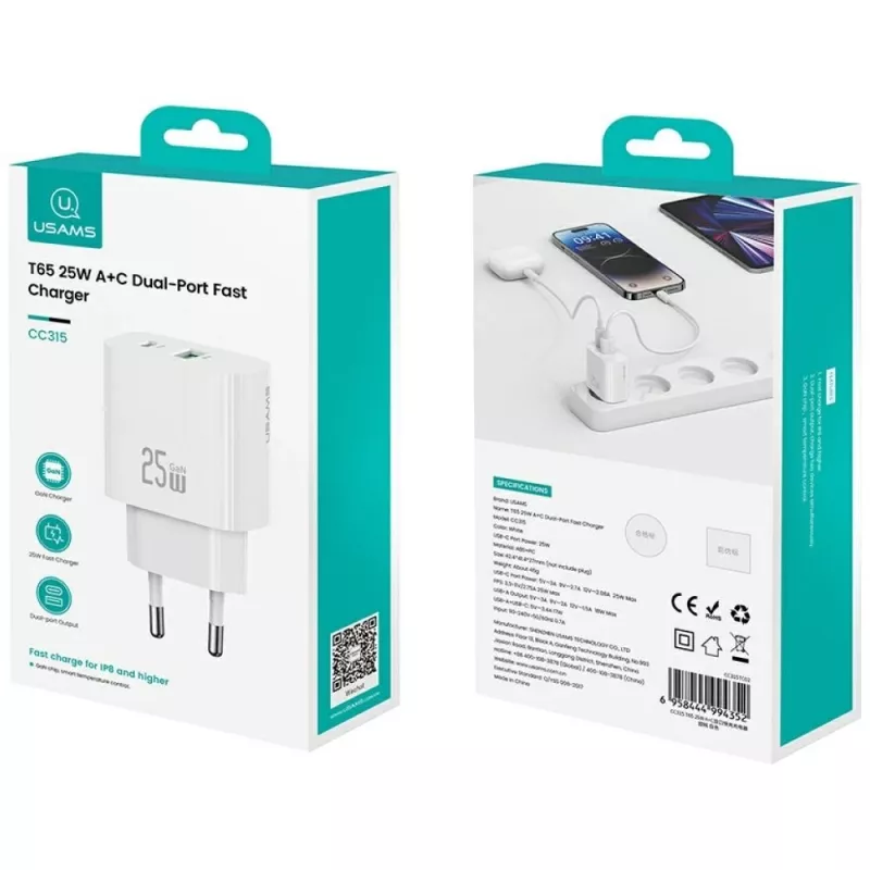 Charger usams USA001630 25W, 1× USB-A + 1× USB-A, fast charging