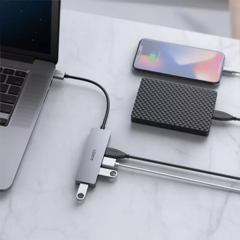 USB hub Aukey CB-H36 — 4-port USB 3.2 Gen 1 Type-A, host USB 2.0, 5000 Mbit/s, aluminium silver