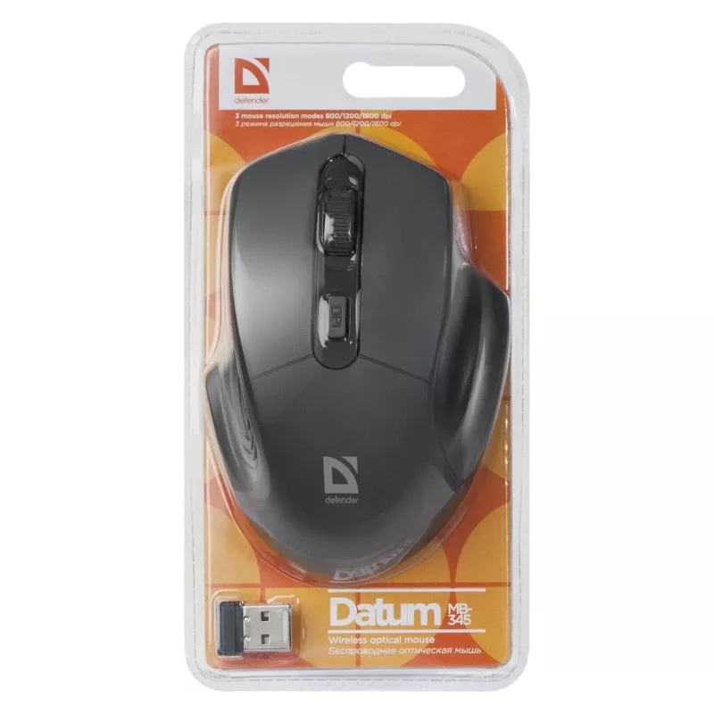 Wireless optical mouse DEFENDER Datum MB-345 RF, ambidextrous/right-hand, 1600 DPI, 3 buttons, USB RF receiver, black