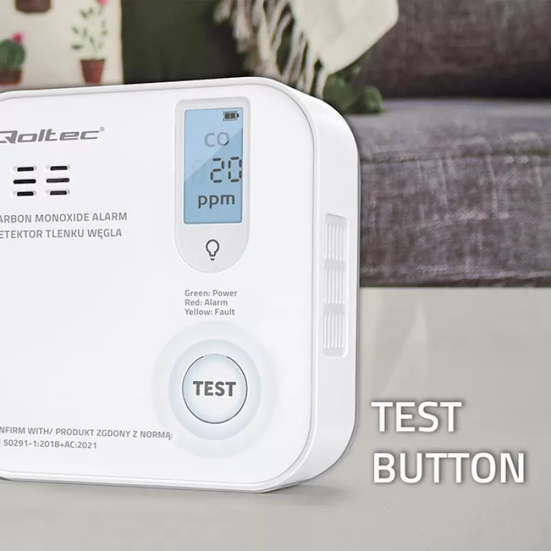 Carbon monoxide sensor QOLTEC 52577 — battery-powered alarm, 85 dB sound level