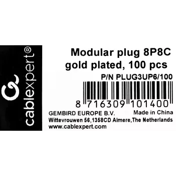 RJ45 plug GEMBIRD PLUG3UP6/100, Cat5, straight male, translucent, gold contacts, pack 100