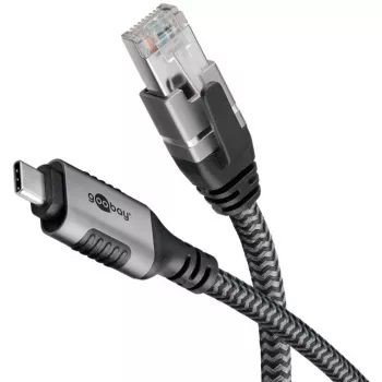 Ethernet-Cable USB-C 3.2 Gen2 Plug > RJ-45 Plug (black/Silver, 5 Meter, braided textile jacket)