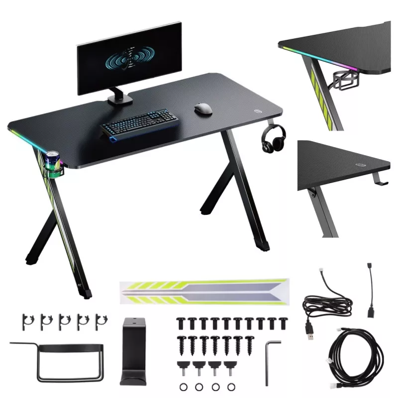 MACLEAN NanoRS RS102 Gaming Desk with RGB LED Backlight, 120x60 cm, Black