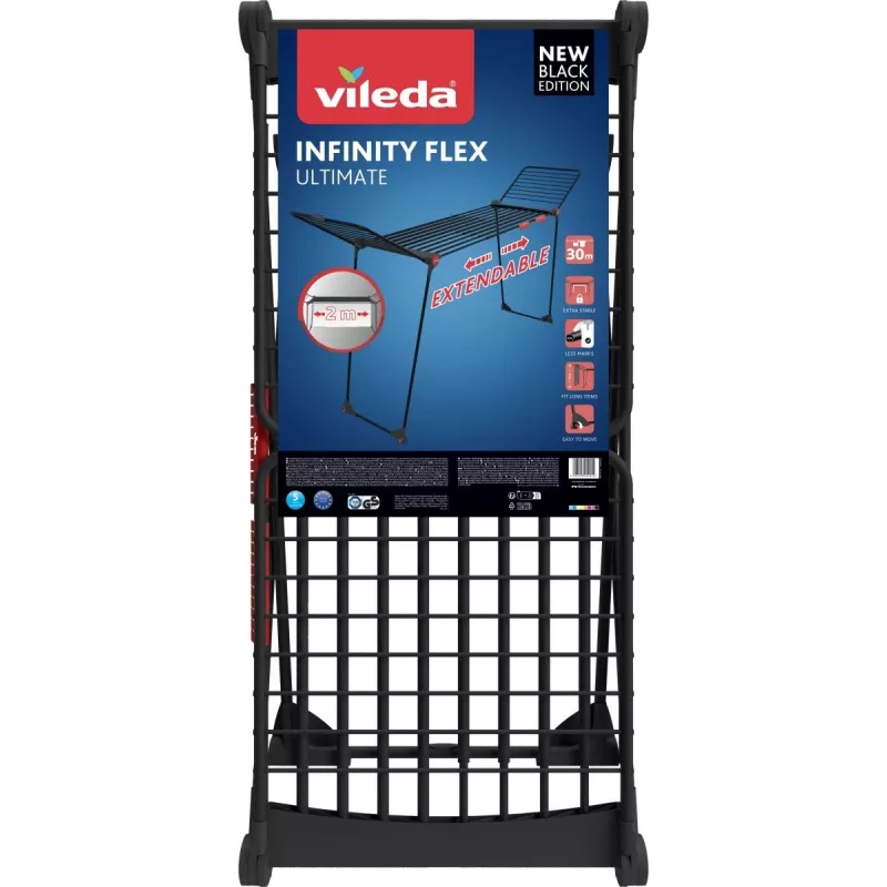Clothes drying rack VILEDA Infinity Flex Ultimate Telescopic — black, coated aluminium, 30 m drying space, foldable, castor wheels