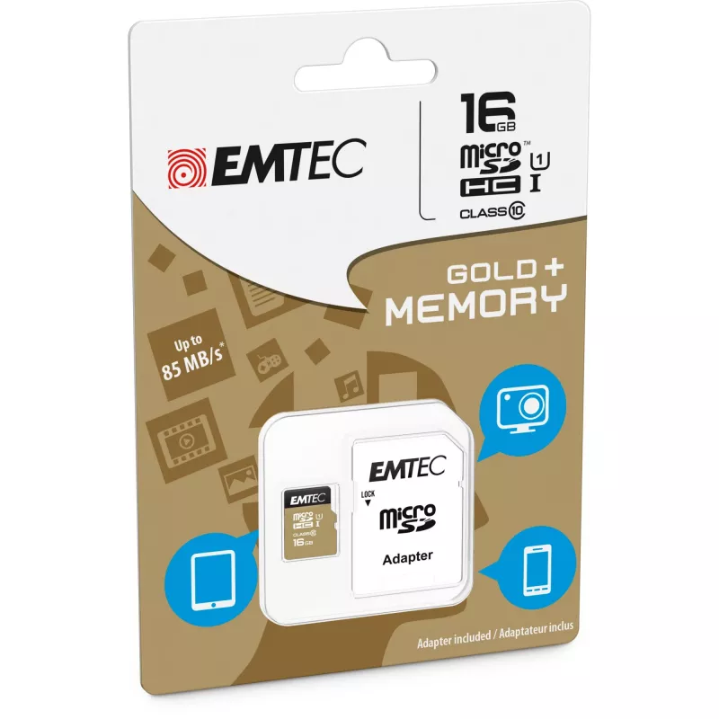 EMTEC Gold+ - Flash Memory Card (SD-Adapter inbegriffen) - 16GB - Class 10 - microSD - Gold (ECMSDM16GHC10GP)