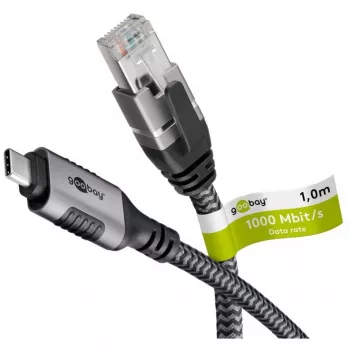 Wentronic goobay - Network Cable - 24 pin USB-C (M) to RJ-45 (M) - 1,0m - 6 mm - FTP - CAT 6 - USB 3,1 - braided cable - Black, Silver (70696)