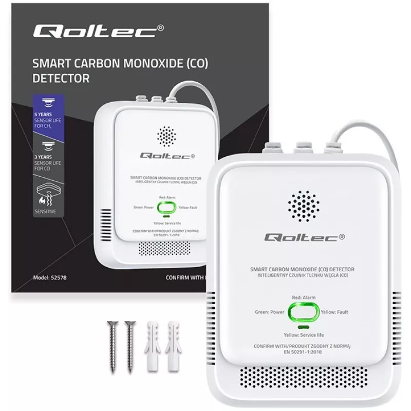 CO detector alarm QOLTEC 52576 — carbon monoxide sensor, 85 dB alarm
