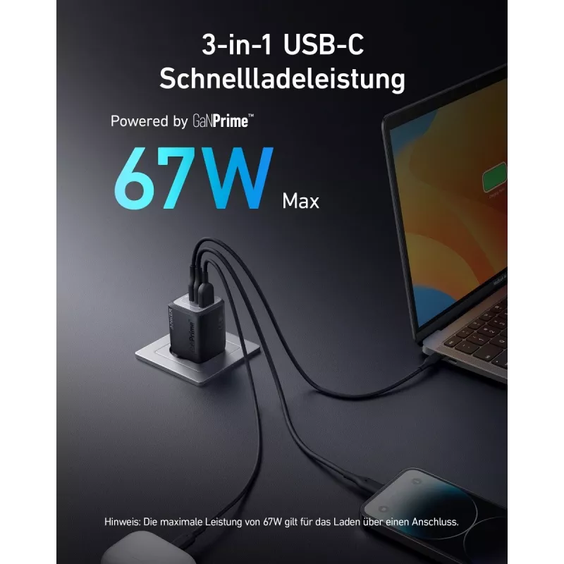 Indoor USB Fast Charging Charger Anker Prime A2669313 — 67 W, 1×USB-A, 2×USB-C, Black
