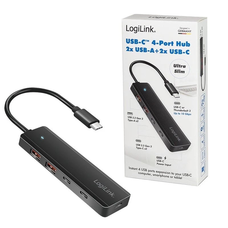 Hub USB-C, 4-porty 2x USB-A,2xUSB-C, Black