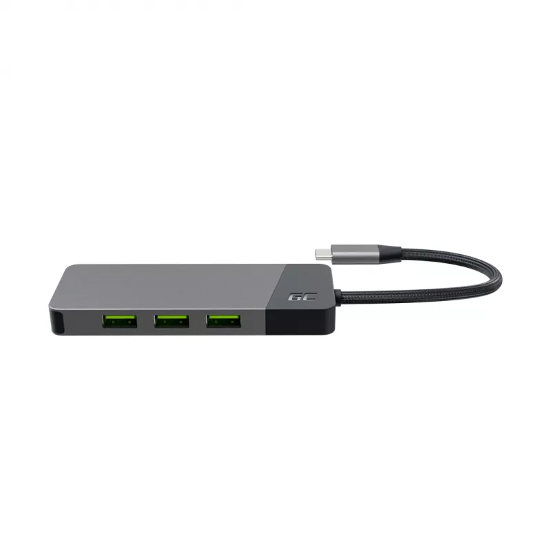 USB Type-C hub Green Cell HUBGC01 — 7 ports: 3×USB-A 3.2 Gen 1, 1×USB-C 3.2 Gen 1, HDMI, microSD+SD card reader — Silver