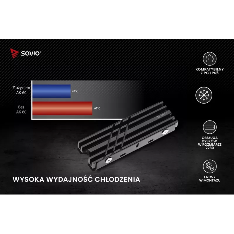 Air cooler SAVIO M.2 NVMe 2280 AK-60 Black heatsink for 22x80 mm SSD