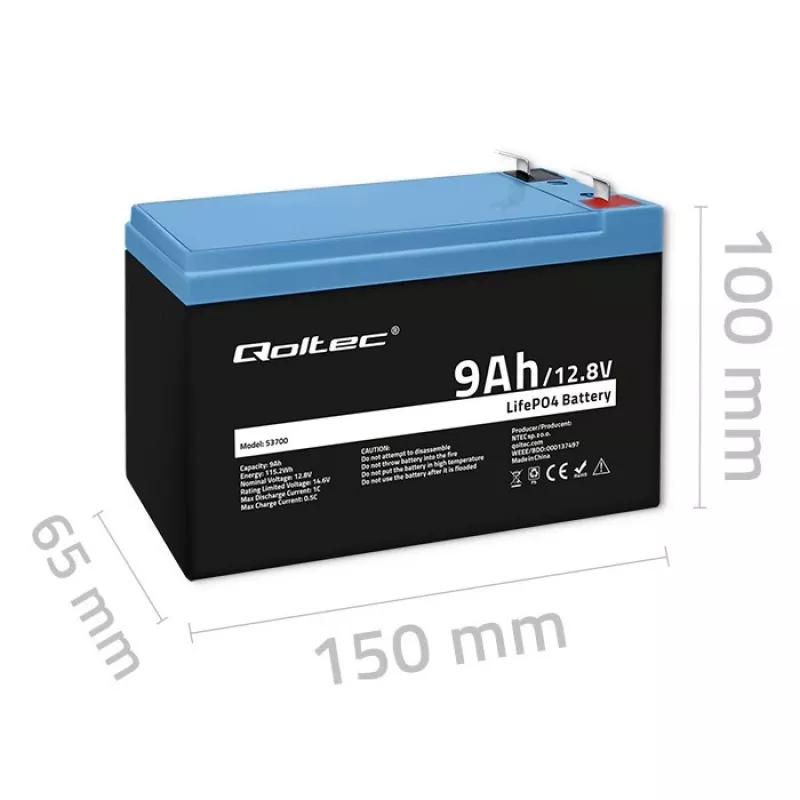 Battery LiFePO4 Lithium Iron Phosphate 12.8V 9Ah 115.2Wh