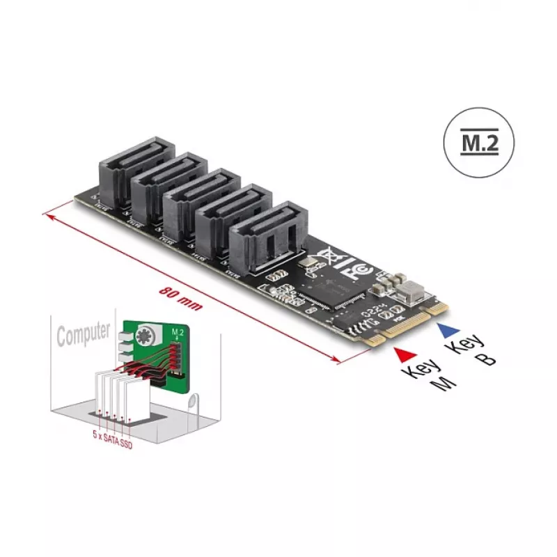 Internal SATA adapter DELOCK 64241 M.2 (Key B+M) to 5x SATA with JMicron JMB585, LED indicators, for PC