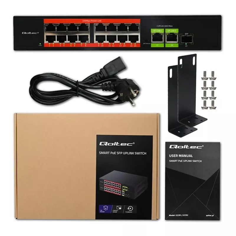 Ethernet PoE Switch QOLTEC 16x RJ45, 2x RJ45 uplink, 1x SFP (MPN 52291)