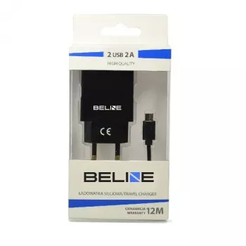 Travel charger Beline Beli0011 — 2×USB ports, microUSB cable, 2A output, black