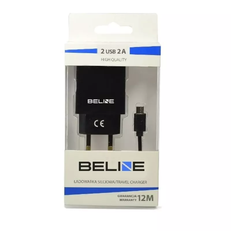 Travel charger Beline Beli0011 — 2×USB ports, microUSB cable, 2A output, black