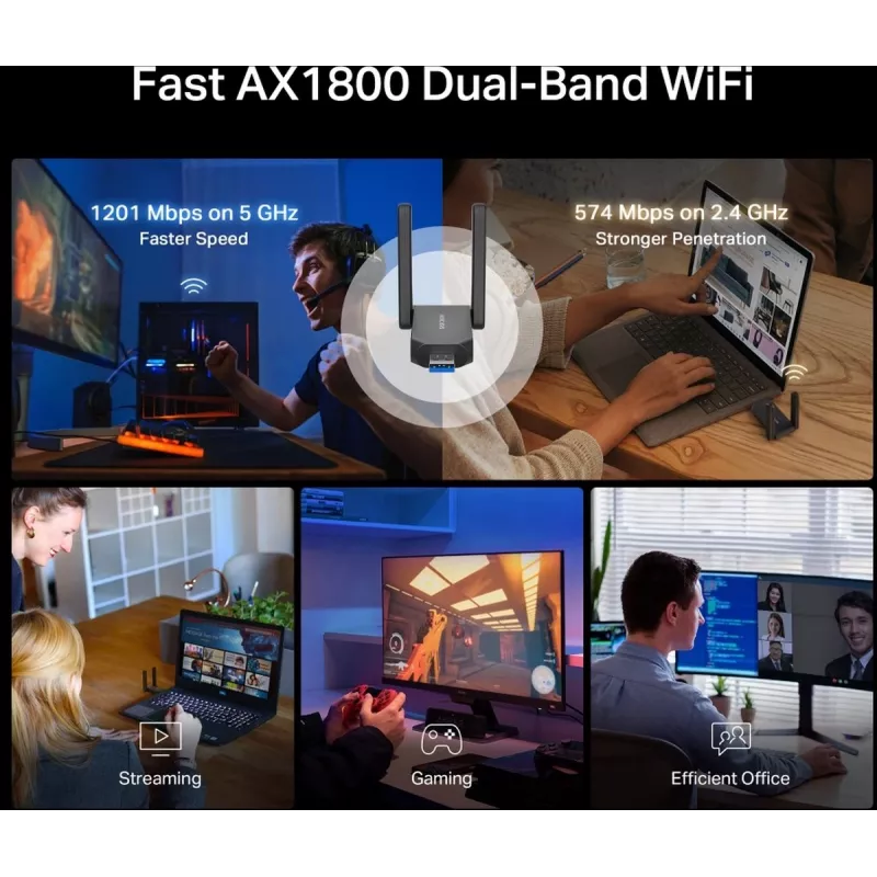 Wi‑Fi USB Adapter MERCUSYS MA72XH AX1800 with High‑Gain Antennas, USB-A Plug‑and‑Play