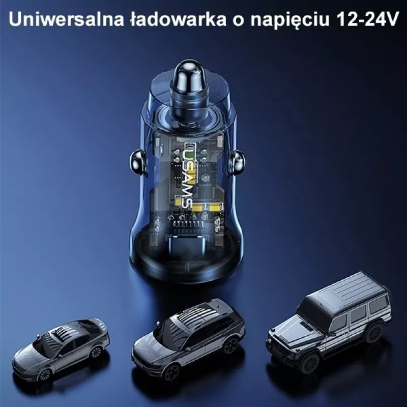 Car charger usams CC164CC01 30W with 1×USB-A and 1×USB-C for fast charging