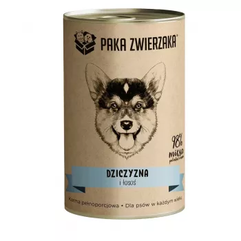 Wet dog food PAKA ZWIERZAKA Game and Salmon 400 g — canned adult dog food, venison & salmon, protein 10.4%, fat 6.9%, moisture 76%