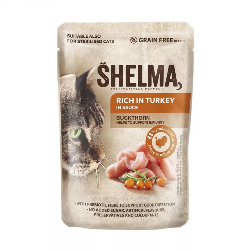 Wet cat food SHELMA multipack 4×85 g — adult complete wet food, chicken, turkey, beef, duck, grain‑free