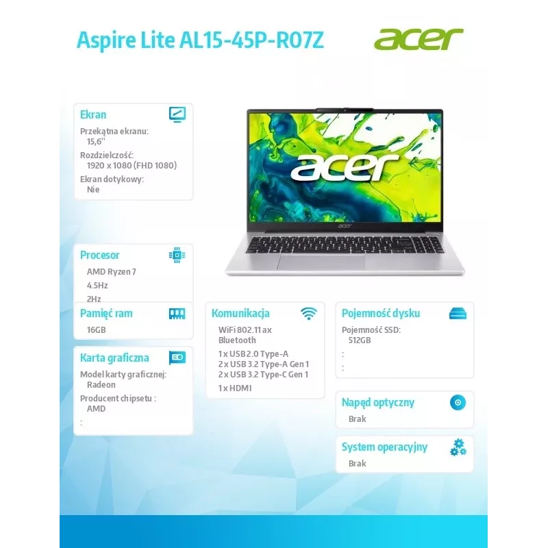 Laptop Acer Aspire Lite Ryzen 7 5825U, 15.6 inch FHD display, 16GB RAM, 512GB SSD