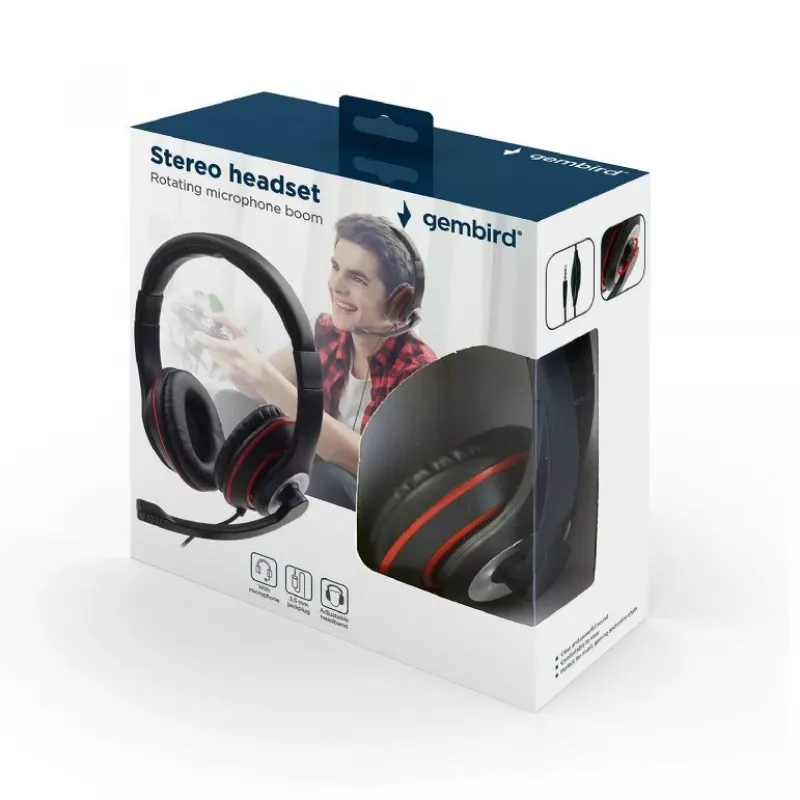 Wired gaming headset GEMBIRD MHS-03-BKRD — binaural, circumaural, 3.5 mm, 1.8 m cable, red/black