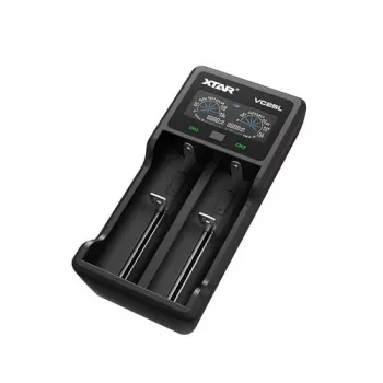 Battery charger XTAR VC2SL — USB 5V 1A, LCD, charges 2 cells, compatible Li‑Ion/NiMH/NiCd, sizes A/AA/AAA/AAAA/C/D/SC, black