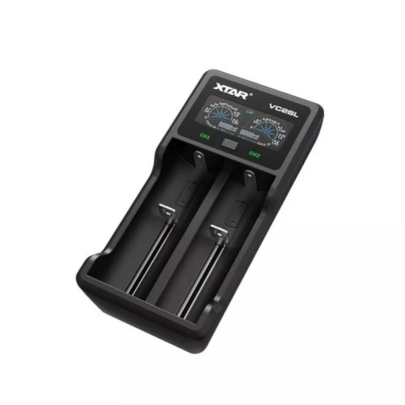 Battery charger XTAR VC2SL — USB 5V 1A, LCD, charges 2 cells, compatible Li‑Ion/NiMH/NiCd, sizes A/AA/AAA/AAAA/C/D/SC, black