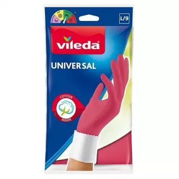 Household cleaning gloves VILEDA 166566 Cotton-liner Latex, size L, pink, reinforced fingertips, chemical- and water-resistant