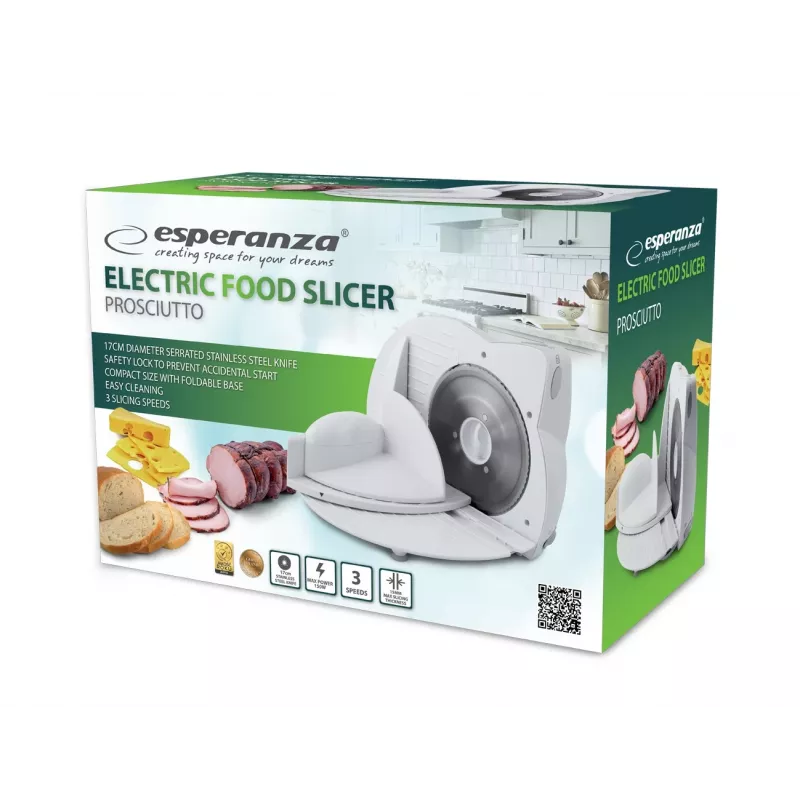 Electric food slicer ESPERANZA EKM017W — 150 W, 17 cm stainless steel blade, max slice 15 mm, stainless steel color, plastic housing