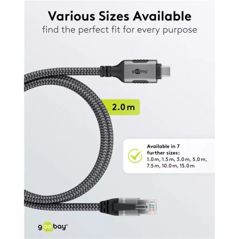 Ethernet-Cable USB-C 3.2 Gen2 Plug > RJ-45 Plug, LAN-Adapter black/Silver, 2 Meter, braided textile jacket
