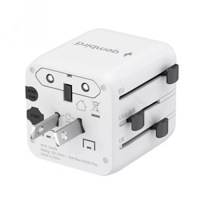 Universal travel power adapter GEMBIRD TPA-INT-01-W — input 100–250V, Type G plug, compact dimensions 84×56×85 mm
