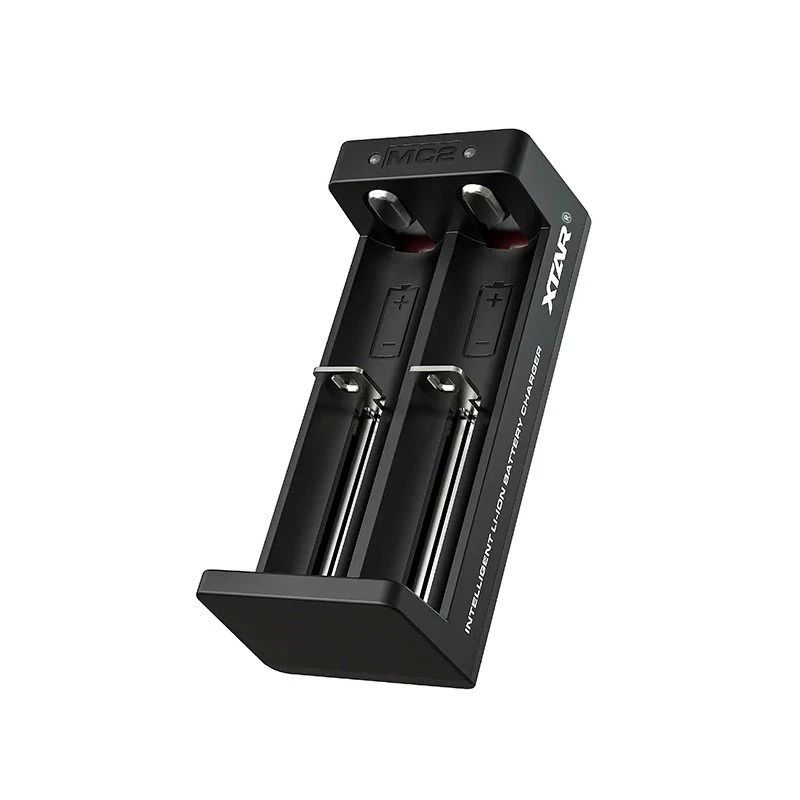 XTAR dual-slot Li-ion battery charger for 18650 cells, USB-C input, 2 slots, black, LED indicators