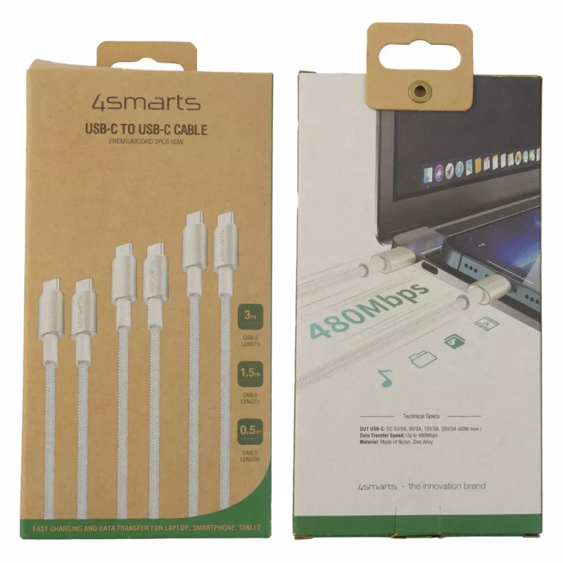 4smarts USB-C to Cable PremiumCord 60W 3er Set 0.5m+1.5m+3m White - Silver, White - 3er (540621)