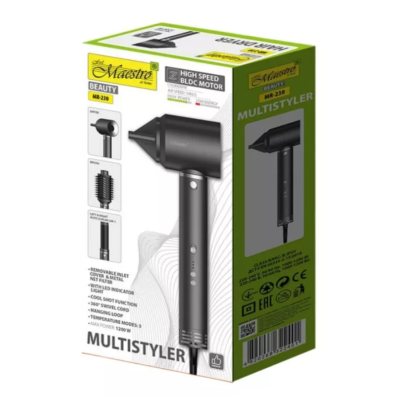 Multistyler 3in1 hair care set Maestro MR-230 — hair dryer, dryer-brush and automatic curling iron, 1200W, BLDC motor, 3.5 cm curl, 2 heat levels, black